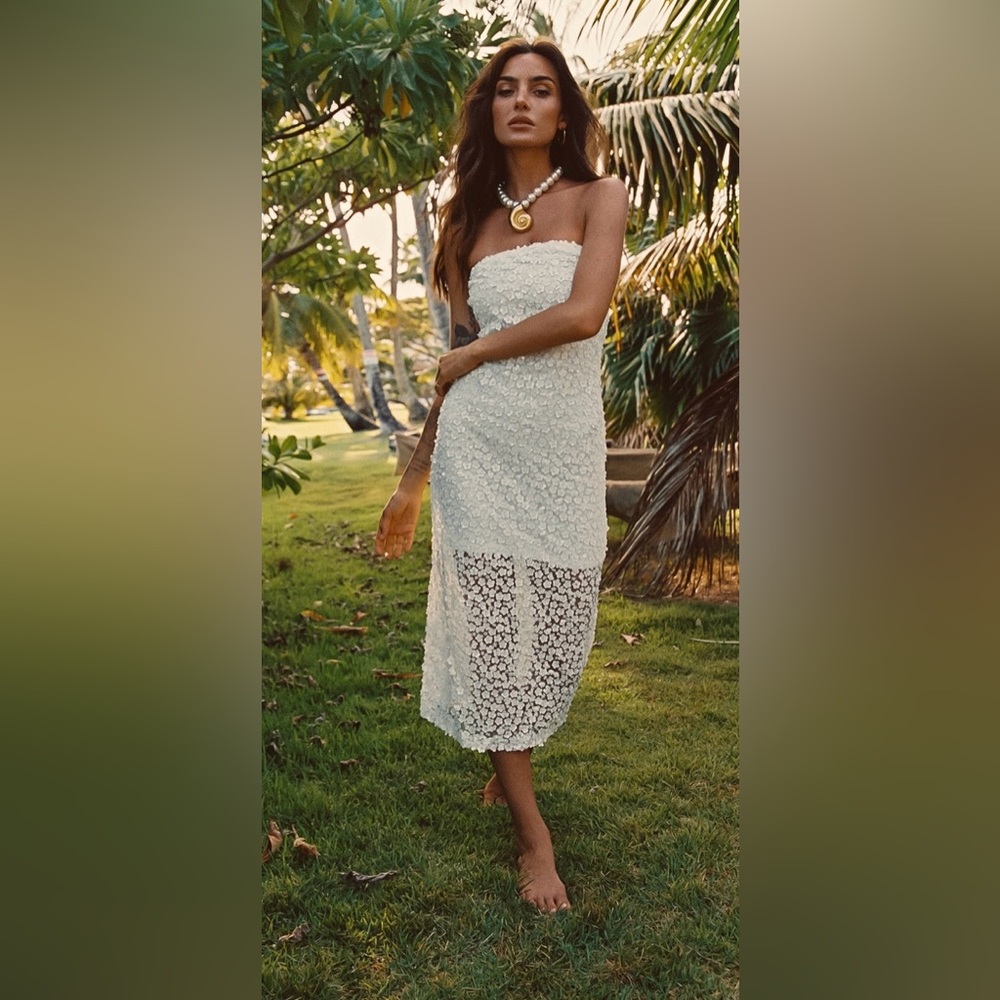 12th Tribe White Strapless Lace Midi Dress